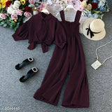 Wine red cotton blend spaghetti strap smocking two piece wide leg jumpsuit with stand up collar shirt and tie up pattern - Free size