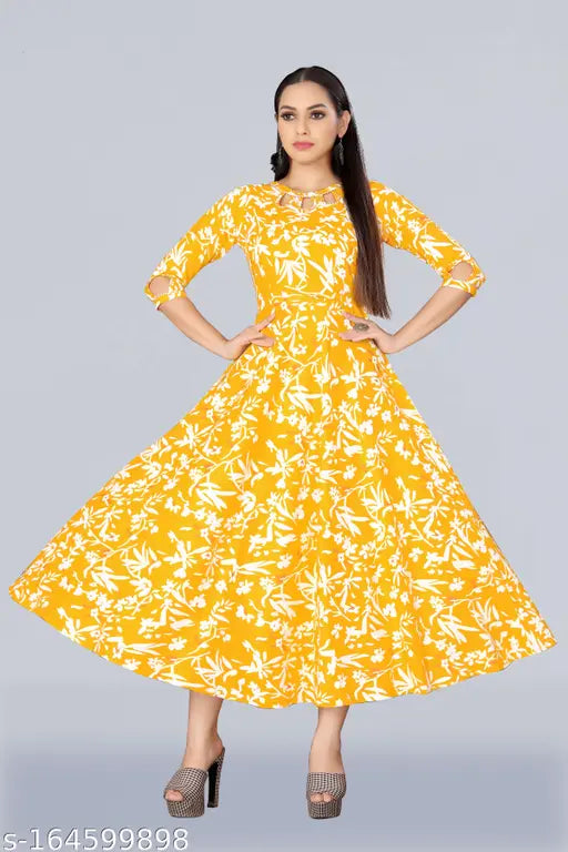 Yellow rayon high neck, curved hemline, keyhole detailing on front