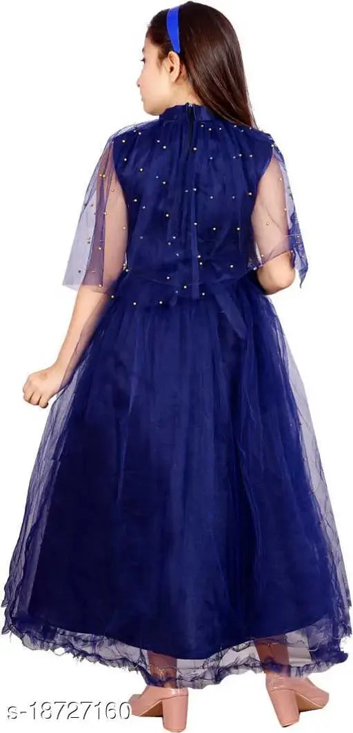 Blue net frock dress for girls, embellished ethnic gown with three-quarter sleeves, Indian partywear in pack of 1 (3-14 years)