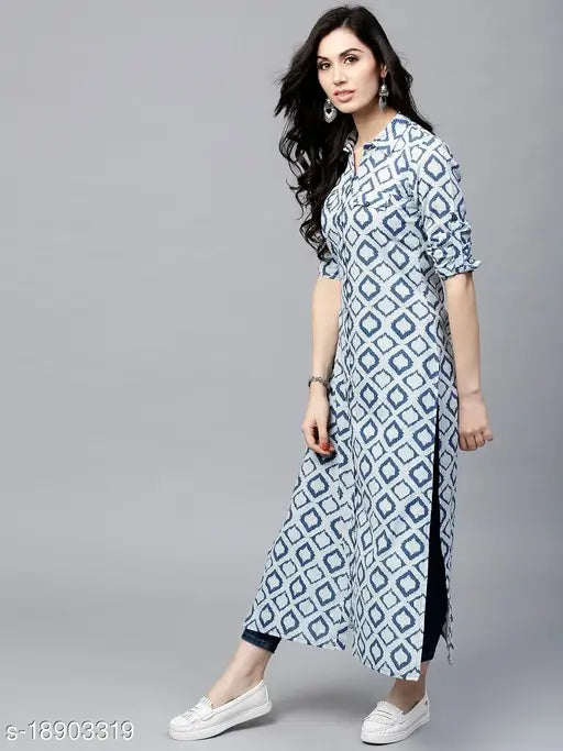 AKS Women navy and off-white printed straight cotton kurta, single size S (bust 36in), Indian fashion