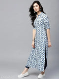 AKS Women navy and off-white printed straight cotton kurta, single size S (bust 36in), Indian fashion