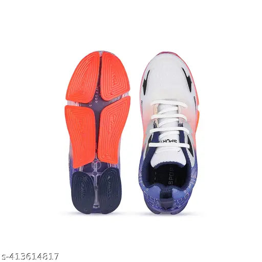 Blue and pink sneakers with red accents, white laces, black sole