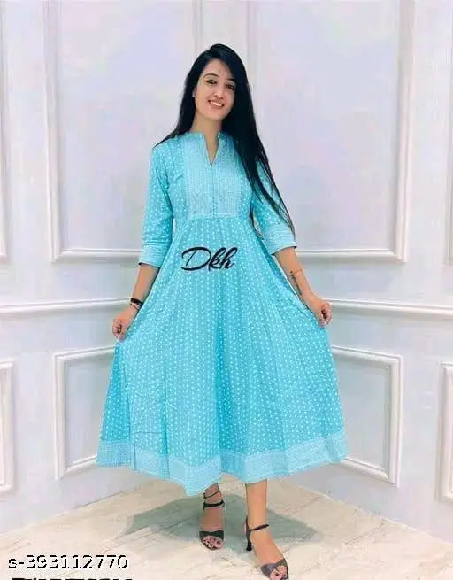 Large printed rayon anarkali kurti for women, extra size, three-quarter sleeves