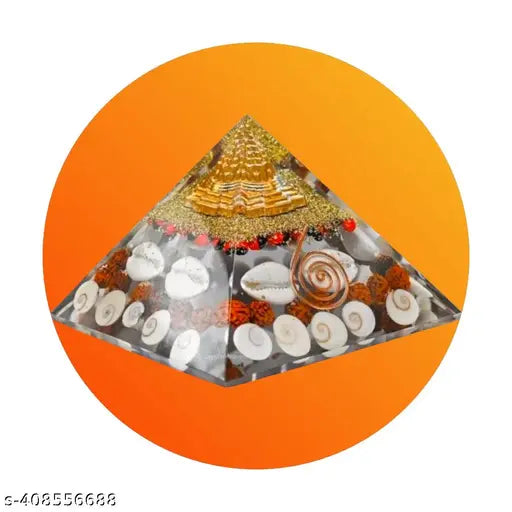 Crystal Shree Yantra Gomti Chakra Pyramid, Vastu item with Rudraksha, Kaudi Shells & Chirmi (Wealth Pyramid). Handcrafted, authentic, 90mm large, for meditation, energy healing, Feng Shui, decorative purposes. Authenticity certificate included. Made in India