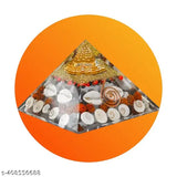 Crystal Shree Yantra Gomti Chakra Pyramid, Vastu item with Rudraksha, Kaudi Shells & Chirmi (Wealth Pyramid). Handcrafted, authentic, 90mm large, for meditation, energy healing, Feng Shui, decorative purposes. Authenticity certificate included. Made in India
