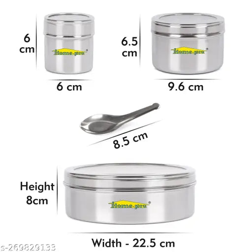 Transparent stainless steel spice container with nine small compartments, air-tight lid. Product information not visible in the image