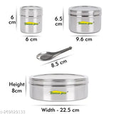 Transparent stainless steel spice container with nine small compartments, air-tight lid. Product information not visible in the image