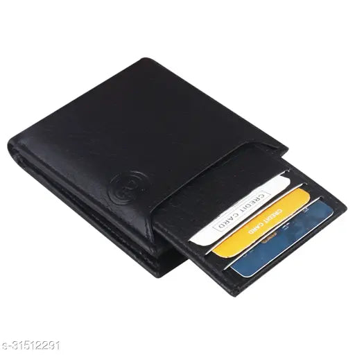 Attractive Men Black PU two-fold wallet with 2 compartments, solid design, free size (11cm x 7cm), matte finish, made in India
