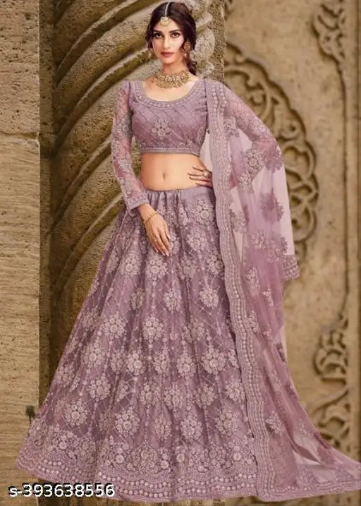 Purple semi-stitched lehenga set, floral embroidered net outfit for women's ethnic wear, India