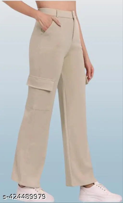 Cream stretchable cargo pants with slanted inset pockets, high rise design, front patch with flap, straight fit