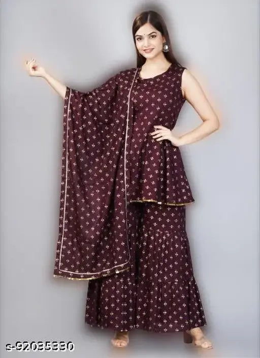 Black rayon hip length hand block printed sleeveless flared kurta with matching hand block print duppatta for women's ethnic wear
