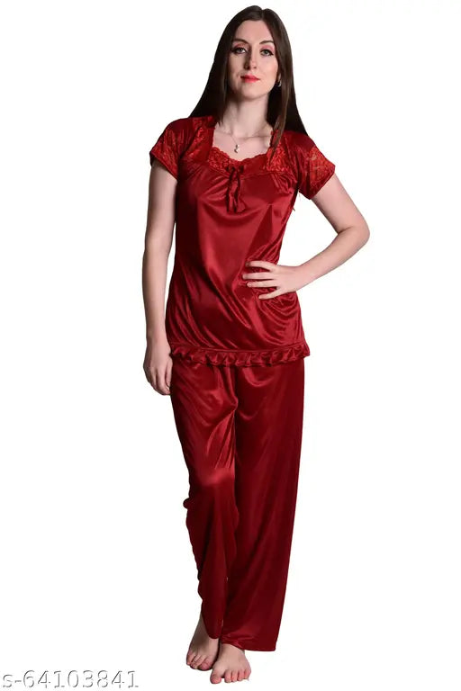 Purple maroon satin pyjama set by Nightdoll - Comfortable & chic women's nightwear for special occasions