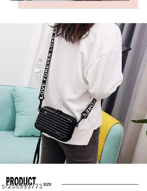 Black cross-body sling bag with a side pocket