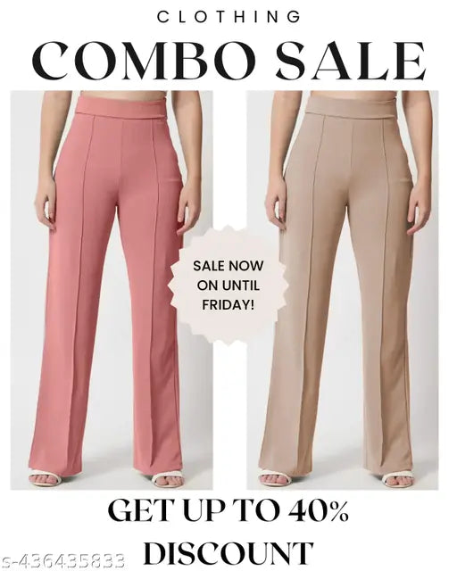 Taupe and beige women's slim fit high rise bootcut bell bottom trousers combo sale 40% off