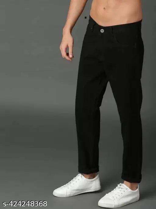 Men's black straight-leg cotton jeans, dyed/washed, ankle length, high quality, slim fit, polycotton mix, size options from 28 to 34