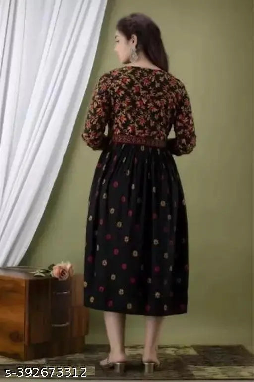 Black rayon anarkali kurti, beautiful floral printed party wear gown middi for women's ethnic wear, India origin