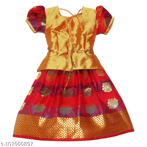 Cotton-silk kids' lehenga choli with waist belt, floral pattern, short sleeves, India origin