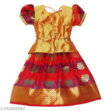 Cotton-silk kids' lehenga choli with waist belt, floral pattern, short sleeves, India origin