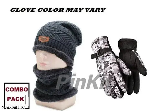 KANEEKSHI unisex fur-lined wool beanie cap with neck warmer set and military hand gloves in grey, color may vary, snowproof inside