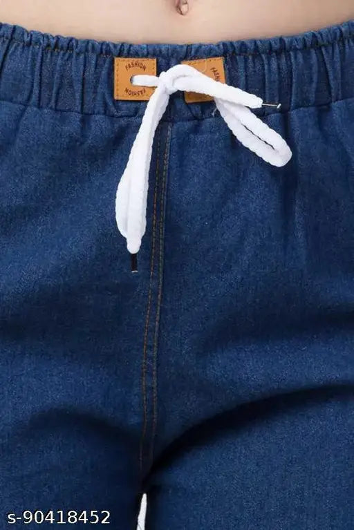 Exclusive blue flared denim jogger jeans for girls & women - studded net, elastic, breathable, India-made