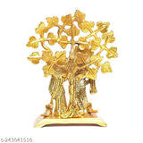 Gold-plated Radha Krishna metal statue, 21 cm tall, playing flute under tree, home or temple decor