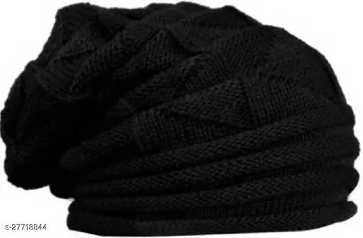 Black textured woolen beanie, latest men's caps from India