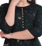 Green Rayon Anarkali with Potli Gold W Print, three-quarter sleeves, Demirner_1001 Indian fashion on model