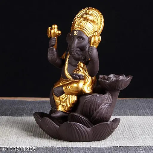 Handcrafted Poly Resin Ganesh Incense Burner, 11 cm high, creates smoky waterfall effect, ideal for Pooja Mandir or home decor, origin India