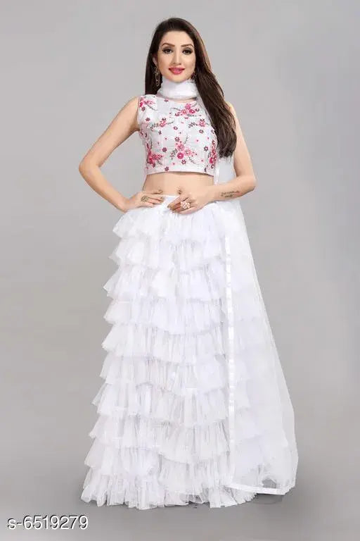 Silk and net embellished lehenga with solid lace dupatta, semi-stitched free size (38in waist, 41in length), origin India