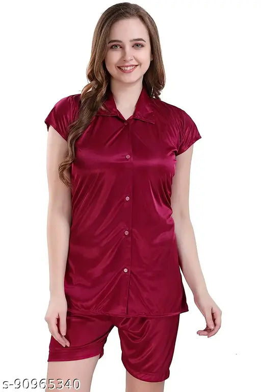 Dark pink satin night suit set: 1 shirt & shorts for comfortable sleepwear, best quality satin material