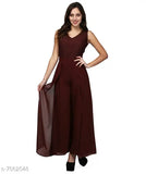 Dark brown Georgette lace layered maxi jumpsuit for women - V&M designer party wear