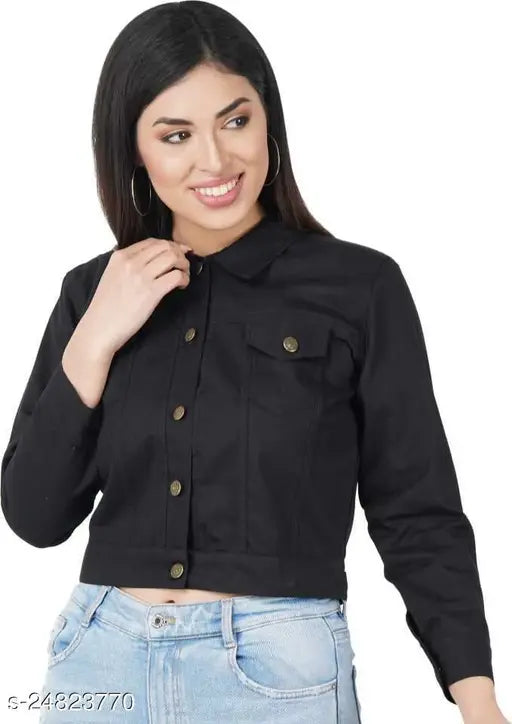 Denim three-quarter sleeve coat for women, solid net pattern, size S-XL. Classy and fabulous women's jacket on hanger