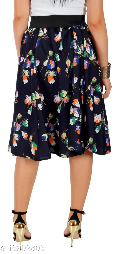 Royal Blue Crepe Skirt with Lily Flower Print, Embroidered Net detail, Sizes: 26-36 (Waist 38in, Hip & Length 40in), Made in India