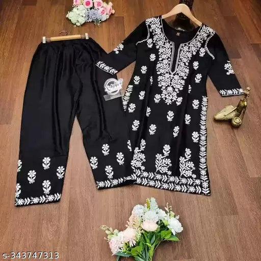 Embroidered rayon Indian model kurti and palazzos set, three-quarter sleeves, party dress for women