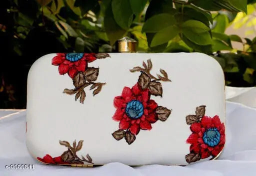 White floral patterned clutch with metal accent, handbag, party accessory