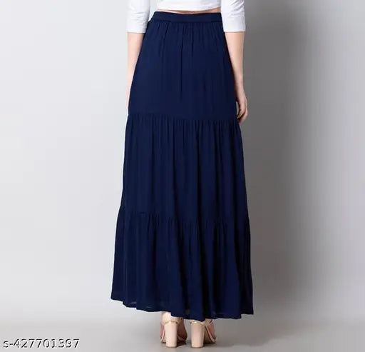Navy blue long hem midi skirt, faux wrap style, elastic waistband