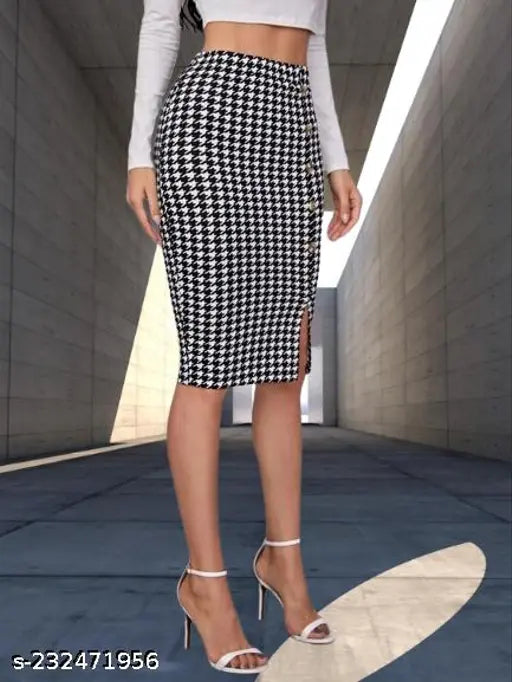 High stretch polyester printed knee-length skirt for woman, houndstooth pattern, elegant pencil style, button front. One piece, high waist, suitable for sizes 26, 28, 32. Made in India