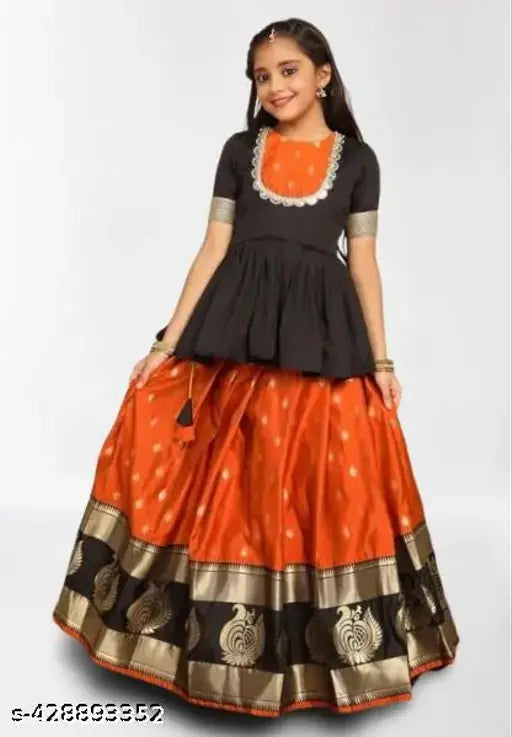 Baby silk lehenga jacket & lehenga in rich self-design, vibrant colors & intricate Zari stitch. Traditional South Indian attire for girls aged 18 months - 12 years