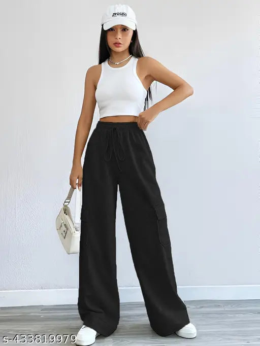 Solid cotton women's wide-leg cargo trouser by PRFASHION, offering comfort and elegance for everyday wear. Made from recycled French terry cotton fabric." (124 characters)