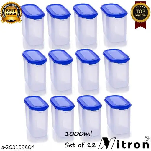 The image displays a set of 12 Nitron brand airtight space-saving modular storage jars with capacity labels, arranged neatly in two rows and six columns. Each jar is transparent with a blue top lid, allowing visibility into the containers. They are likely used for preserving food or storing dry goods, as suggested by their airtight design. The background is white, making the bright blue tops and labels stand out clearly
