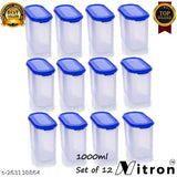The image displays a set of 12 Nitron brand airtight space-saving modular storage jars with capacity labels, arranged neatly in two rows and six columns. Each jar is transparent with a blue top lid, allowing visibility into the containers. They are likely used for preserving food or storing dry goods, as suggested by their airtight design. The background is white, making the bright blue tops and labels stand out clearly