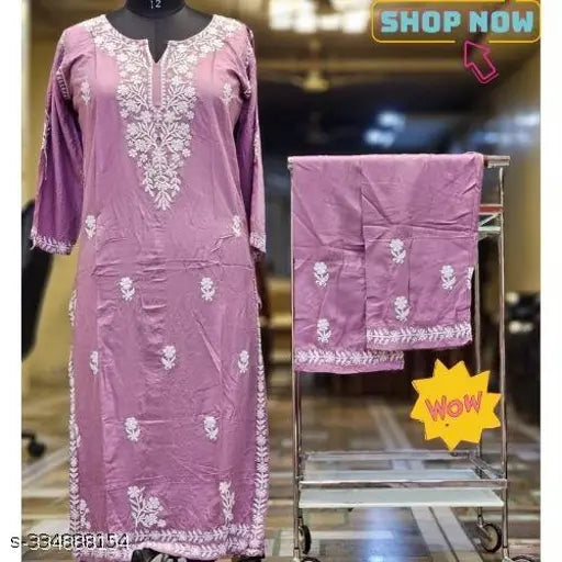Rayon Chikankari embroidered kurta with plazzo, round neck, three-quarter sleeves in multiple sizes. Indian traditional women's fashion with embroidered net detail
