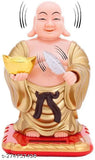 Golden plastic Laughing Buddha with waving fan, moving head for health, wealth & prosperity (10cm)