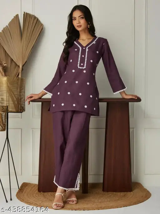 Women's poly cotton lace coord set, 3/4 sleeves, effortless elegance and comfort for everyday wear