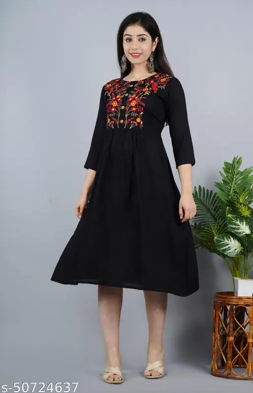Indian rayon Anarkali kurti with embroidered 3/4 sleeves, knee-length style for women