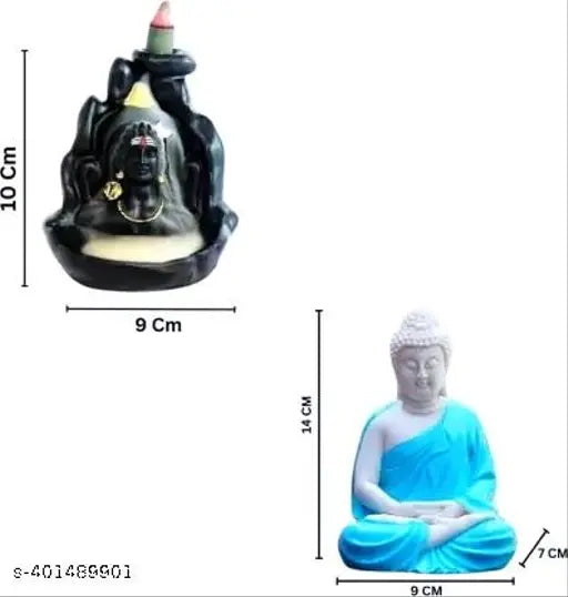 Multicolor polyresin Bhakti Murti Combo Pack: Adiyogi and Meditation Buddha statues with 51 incense cones, 14 cm tall