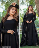 Black georgette dress gown, long sleeves, solid pattern, women's formal wear on mannequin