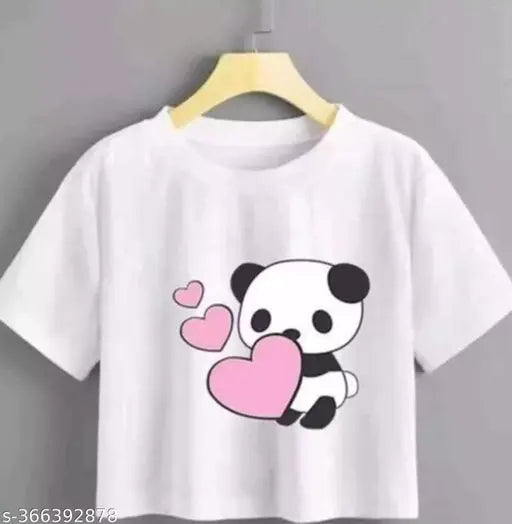 White printed polyester crop top for women, short sleeves, trendy and stylish, size S (36" bust, 27" length)