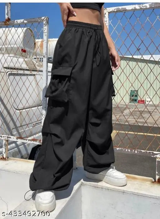 Black polyester women's cargo joggers