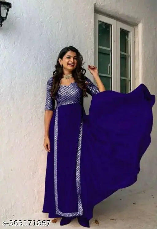 Blue georgette sequin gown, solid single-tone dress with short sleeves, Indian made (M - 50in, L - 50in)